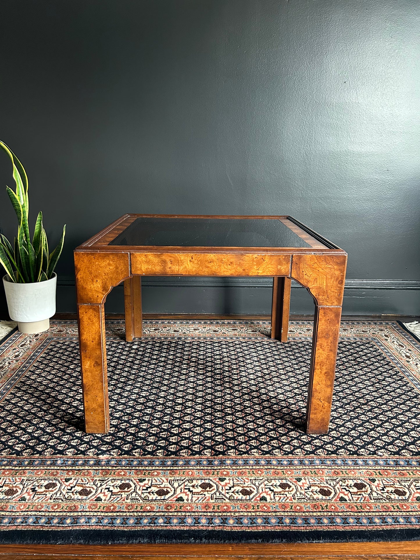 vintage burlwood and glass side table