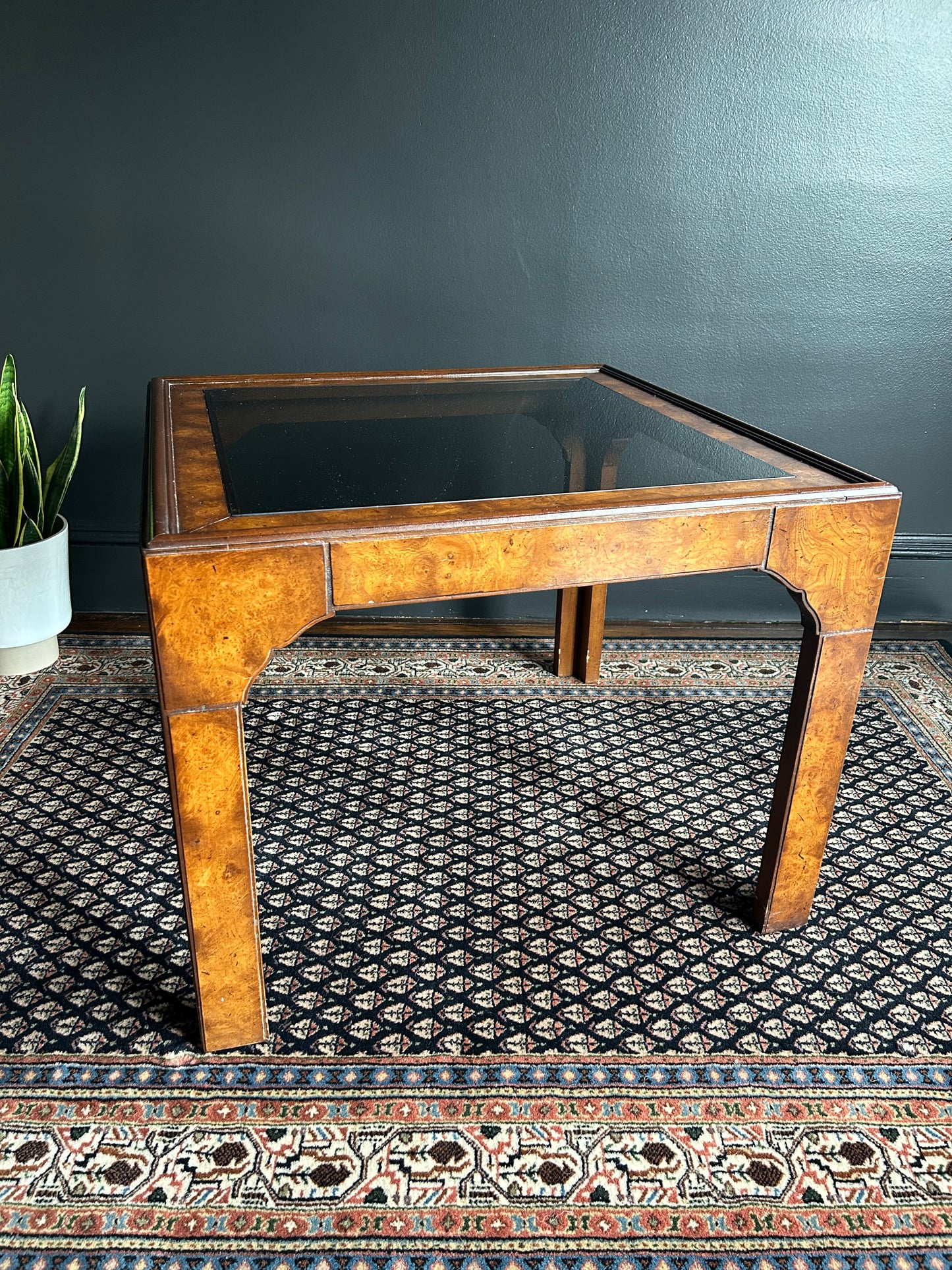 vintage burlwood and glass side table