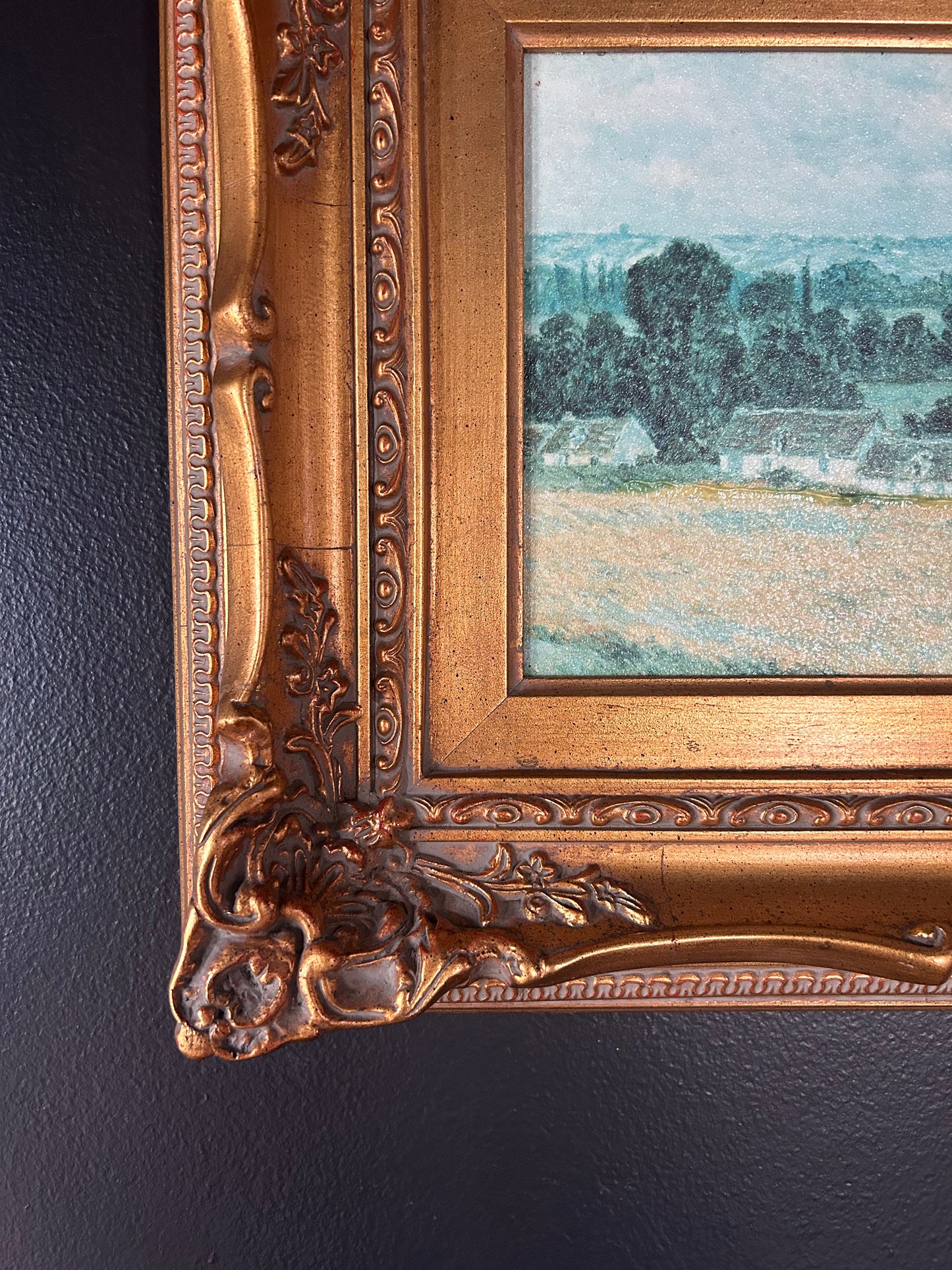 expressionist meadow and home reproduction with gilded frame