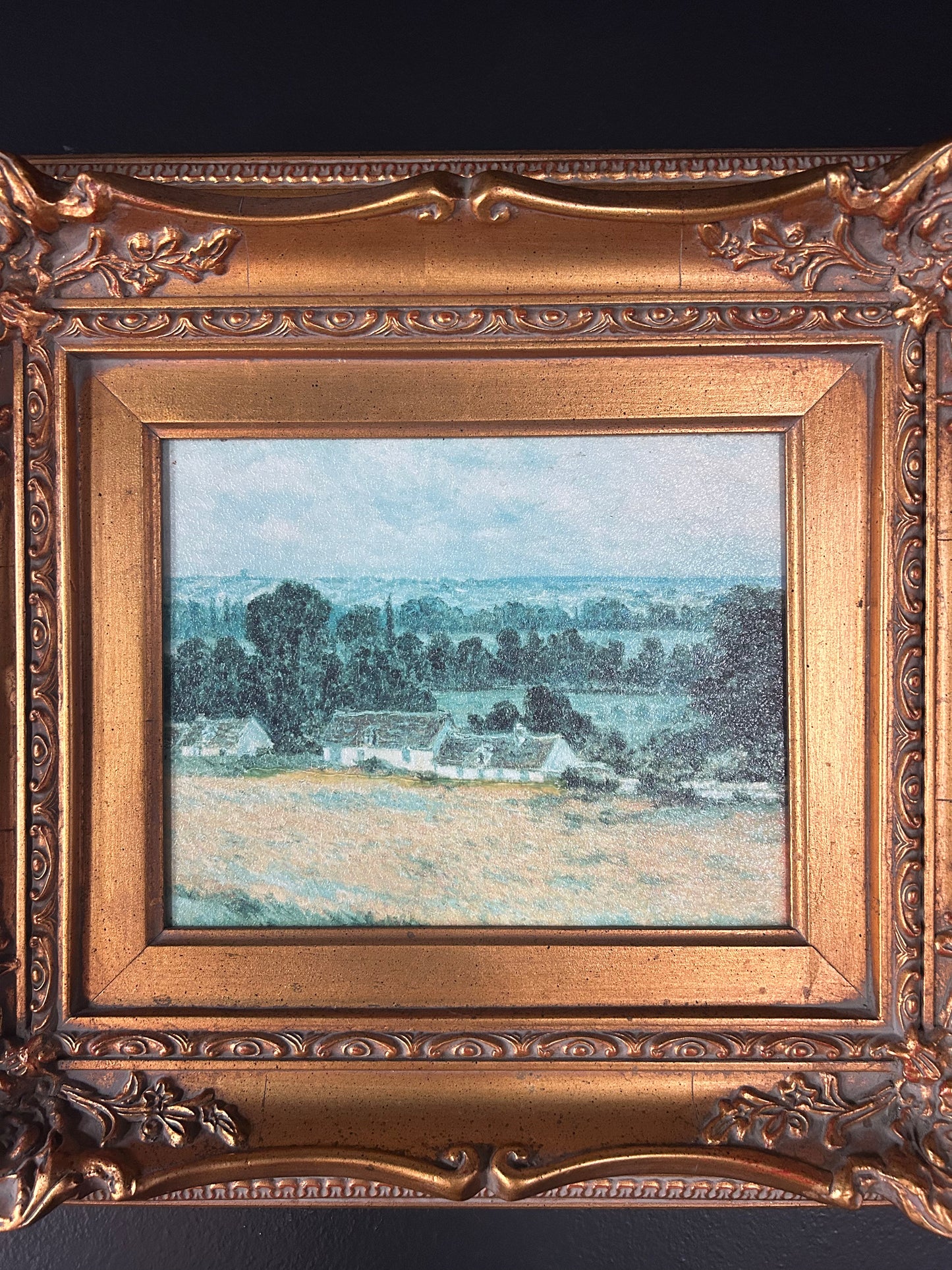 expressionist meadow and home reproduction with gilded frame