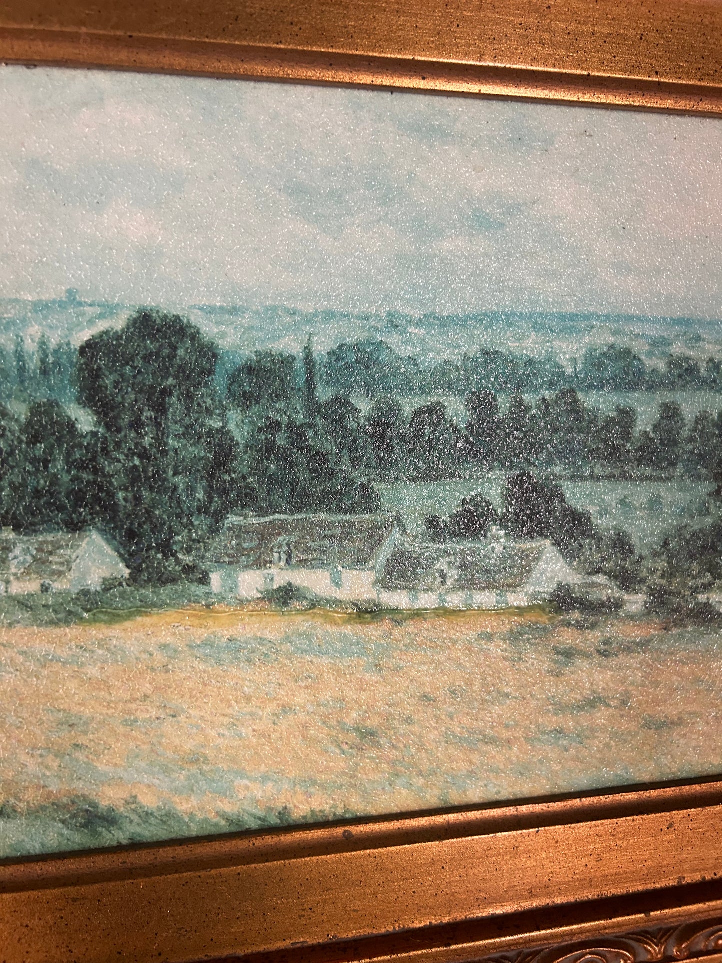 expressionist meadow and home reproduction with gilded frame