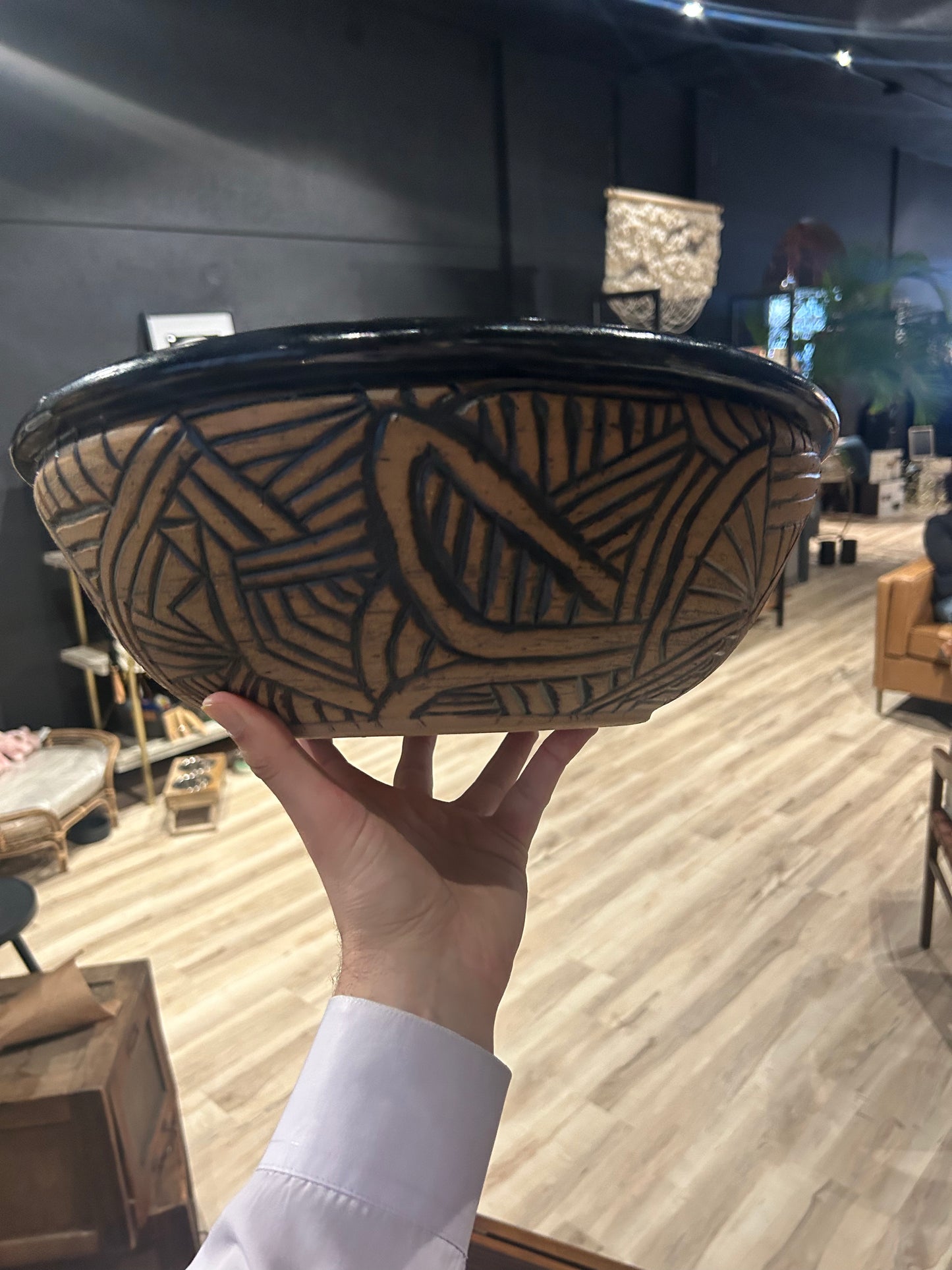 oversized incised pottery bowl