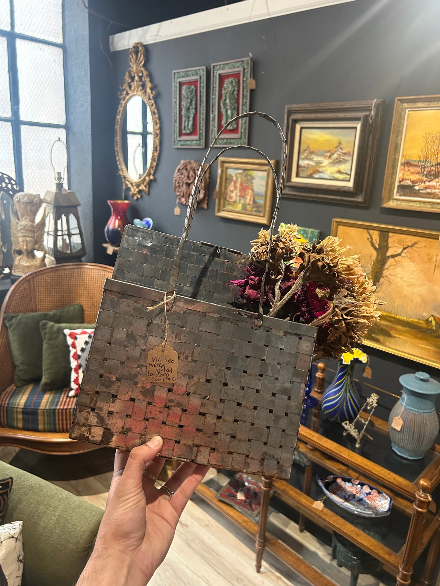 vintage woven metal handbag sculpture
