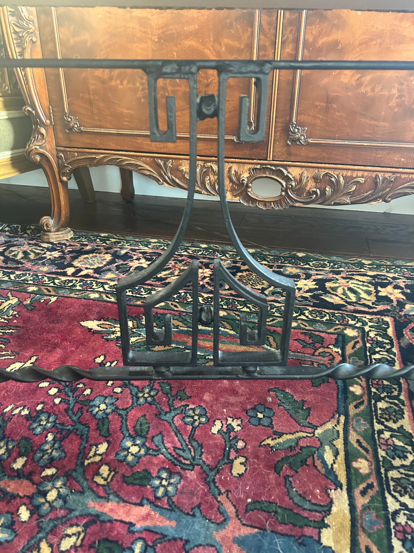 Italian wrought iron bench with needlepoint upholstery