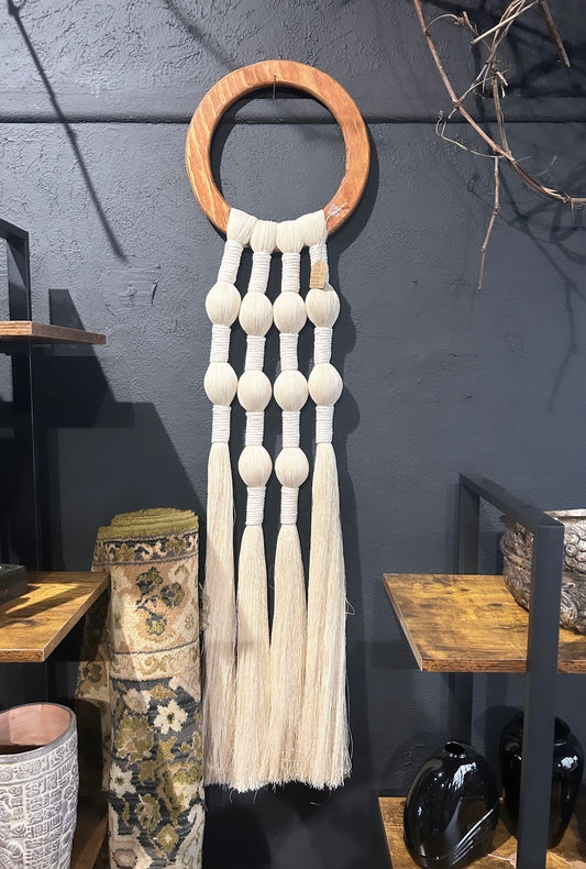 handmade, large artisan macramé wall art on wooden ring
