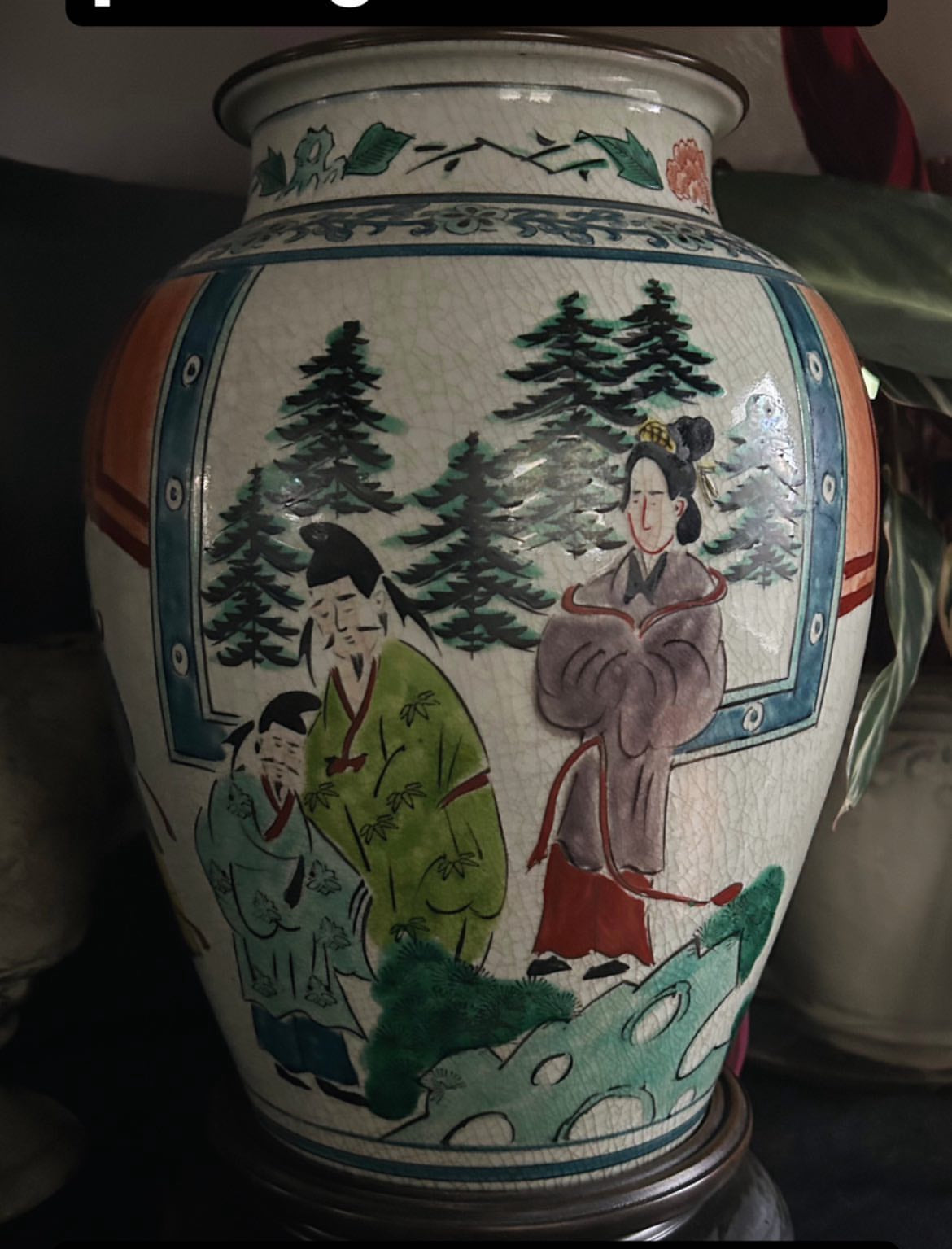 hand-painted porcelain lamp on mahogany base