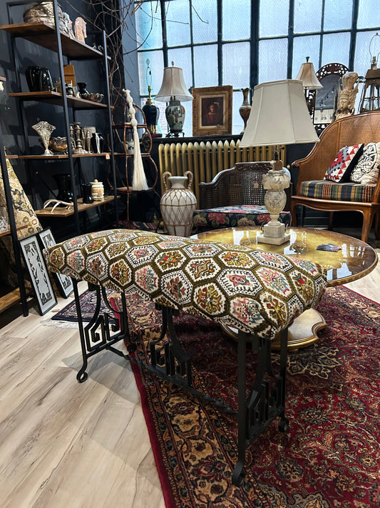Italian wrought iron bench with needlepoint upholstery