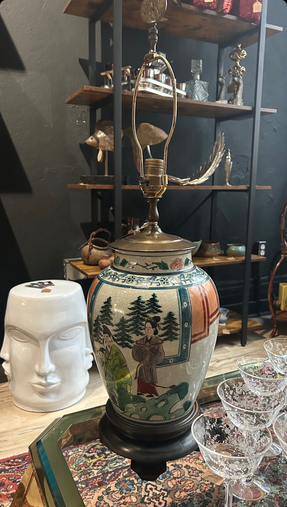 hand-painted porcelain lamp on mahogany base