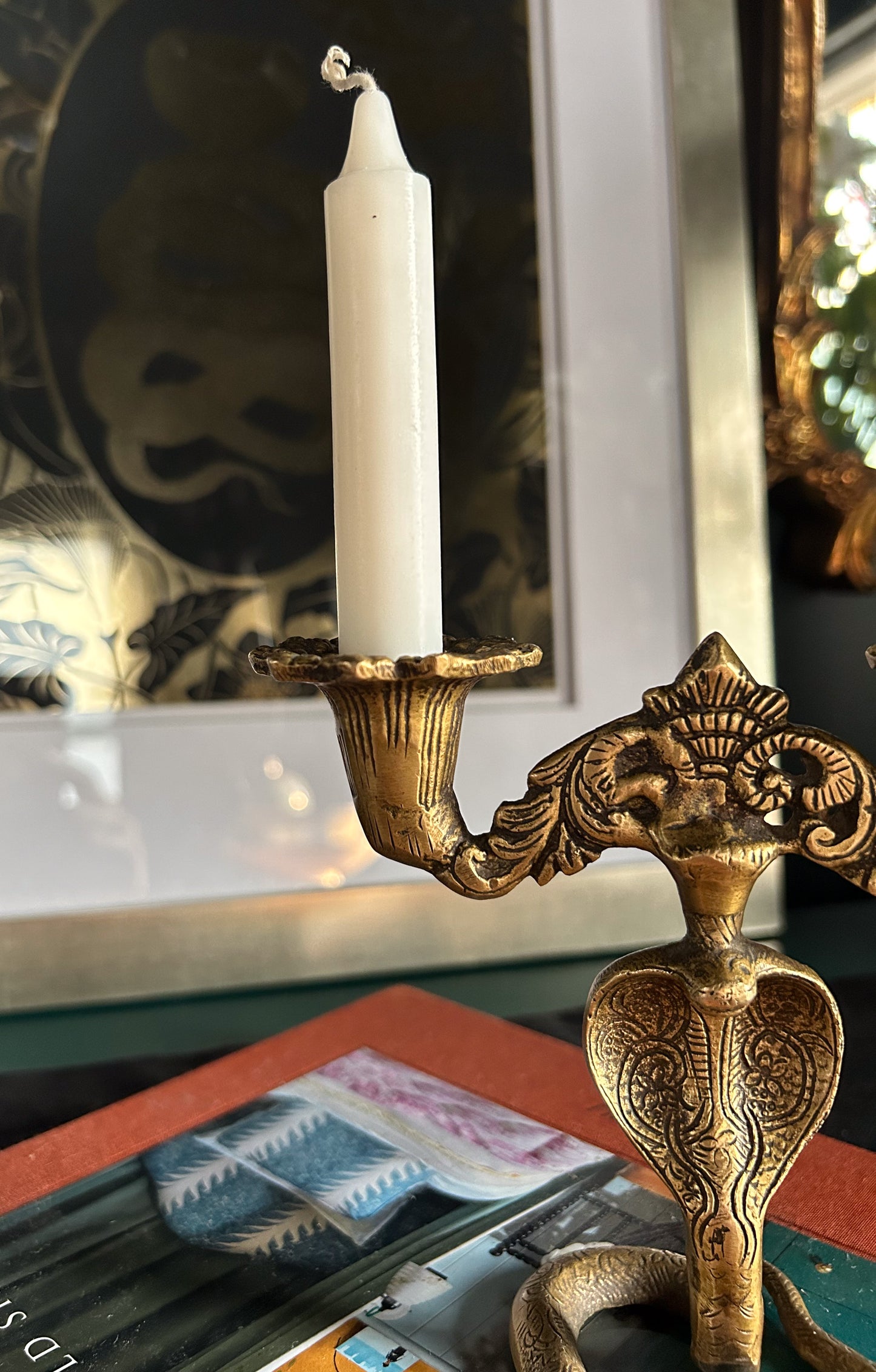 hand-carved brass serpent candle holder