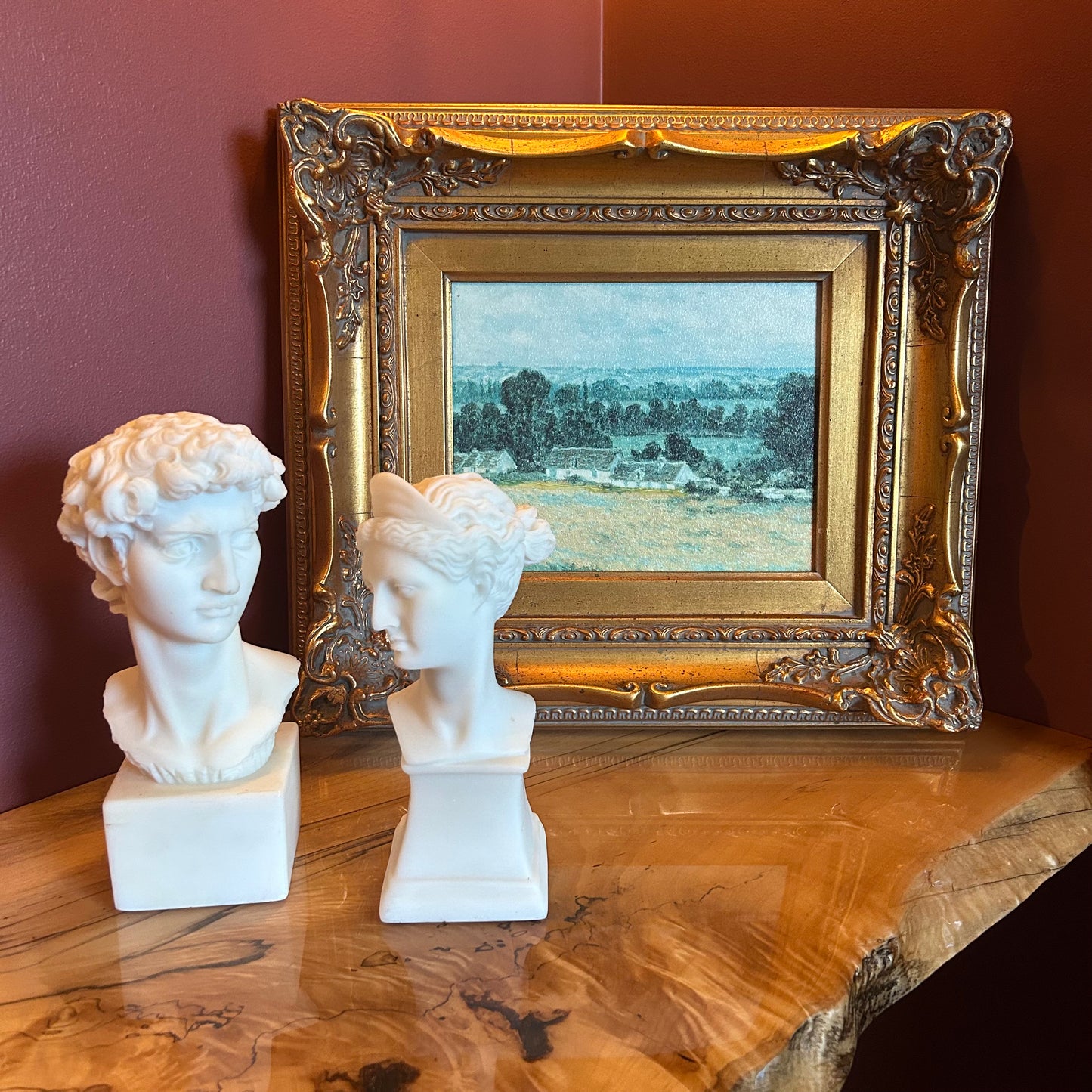 expressionist meadow and home reproduction with gilded frame