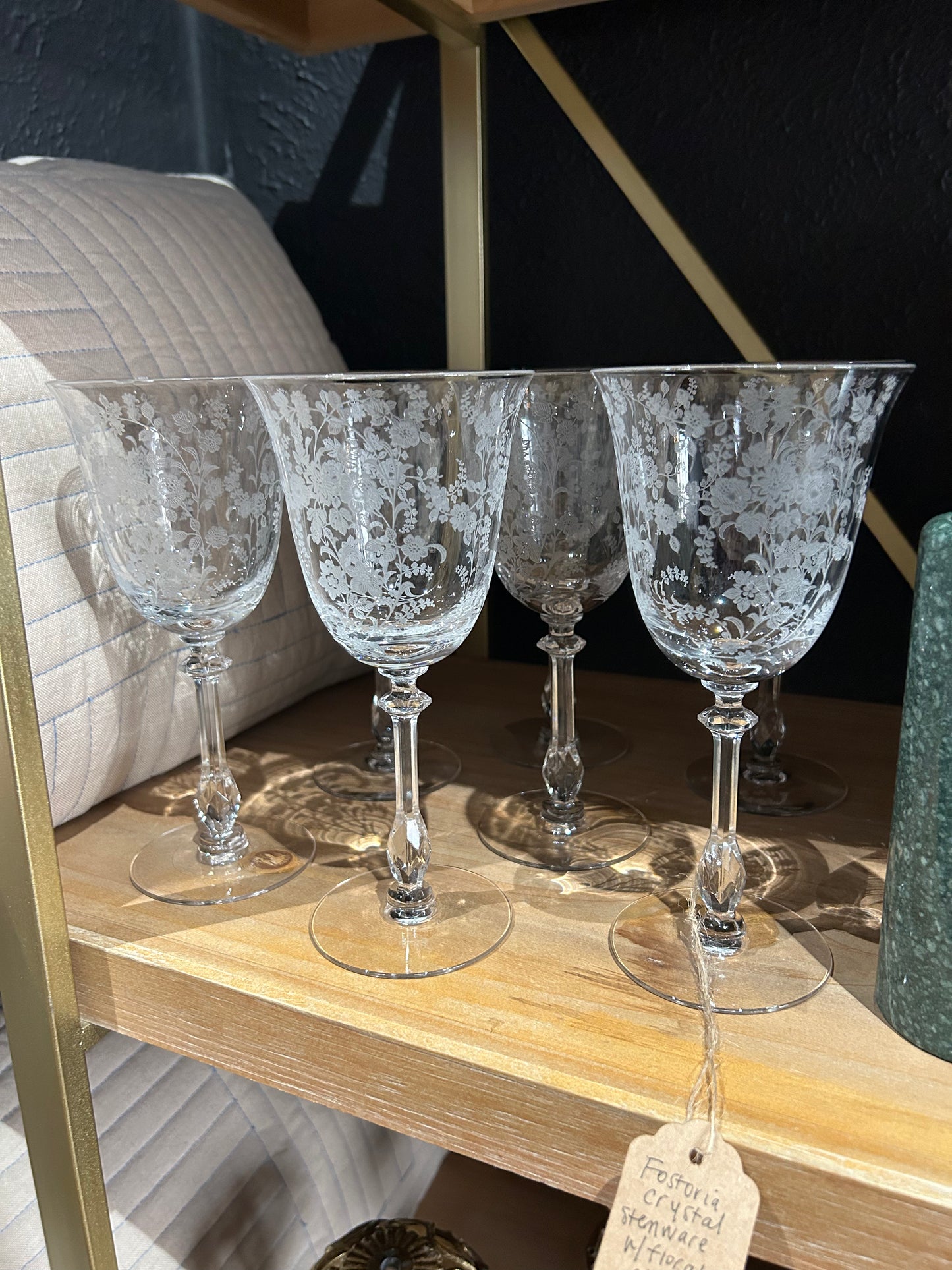 Fostoria crystal wine glasses with floral etching