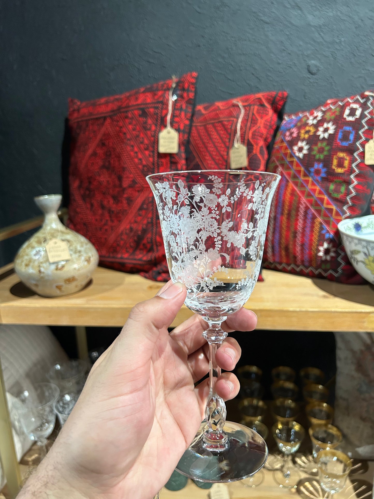 Fostoria crystal wine glasses with floral etching