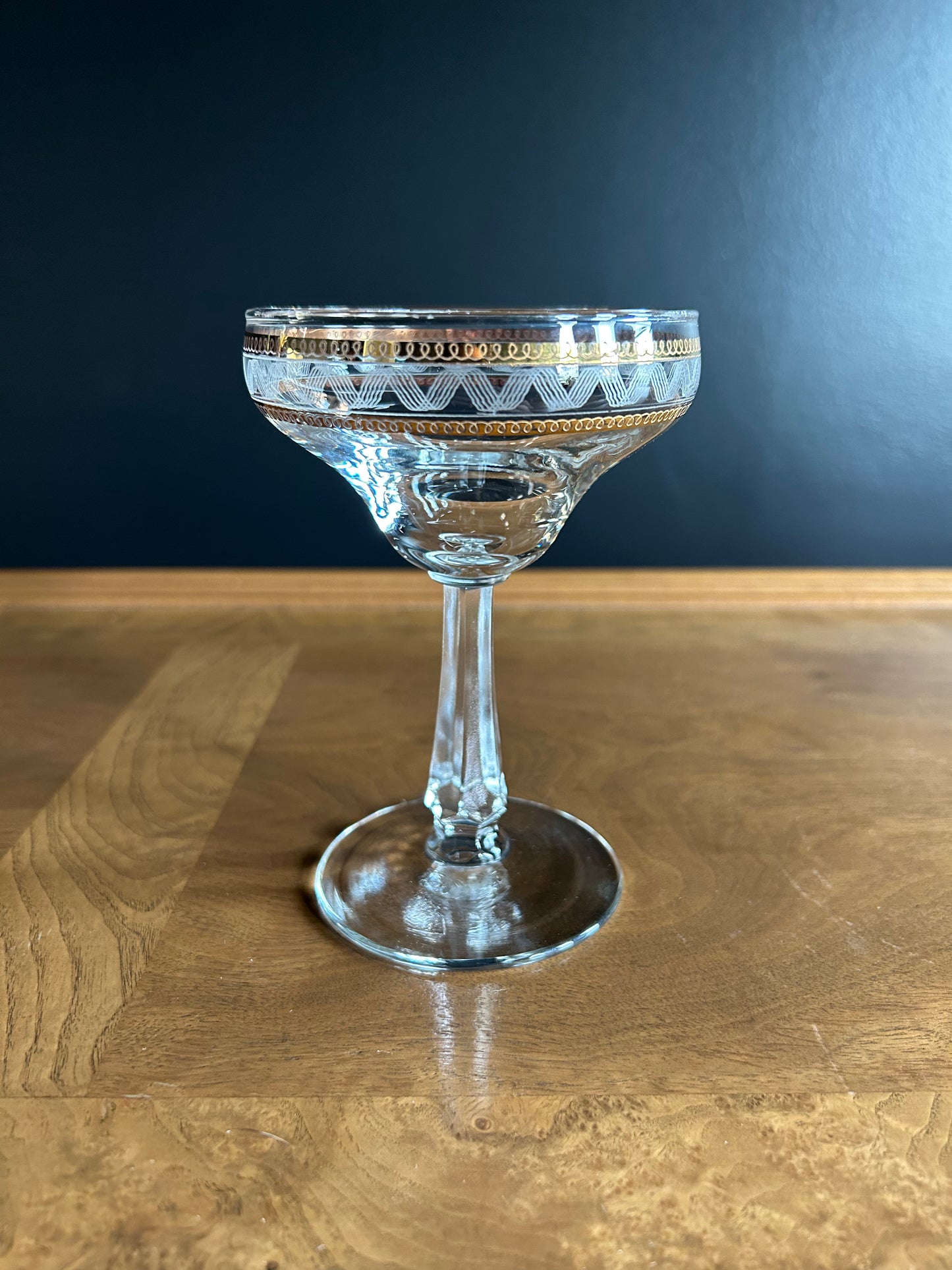 etched champagne goblets (5) with delicate gold trim