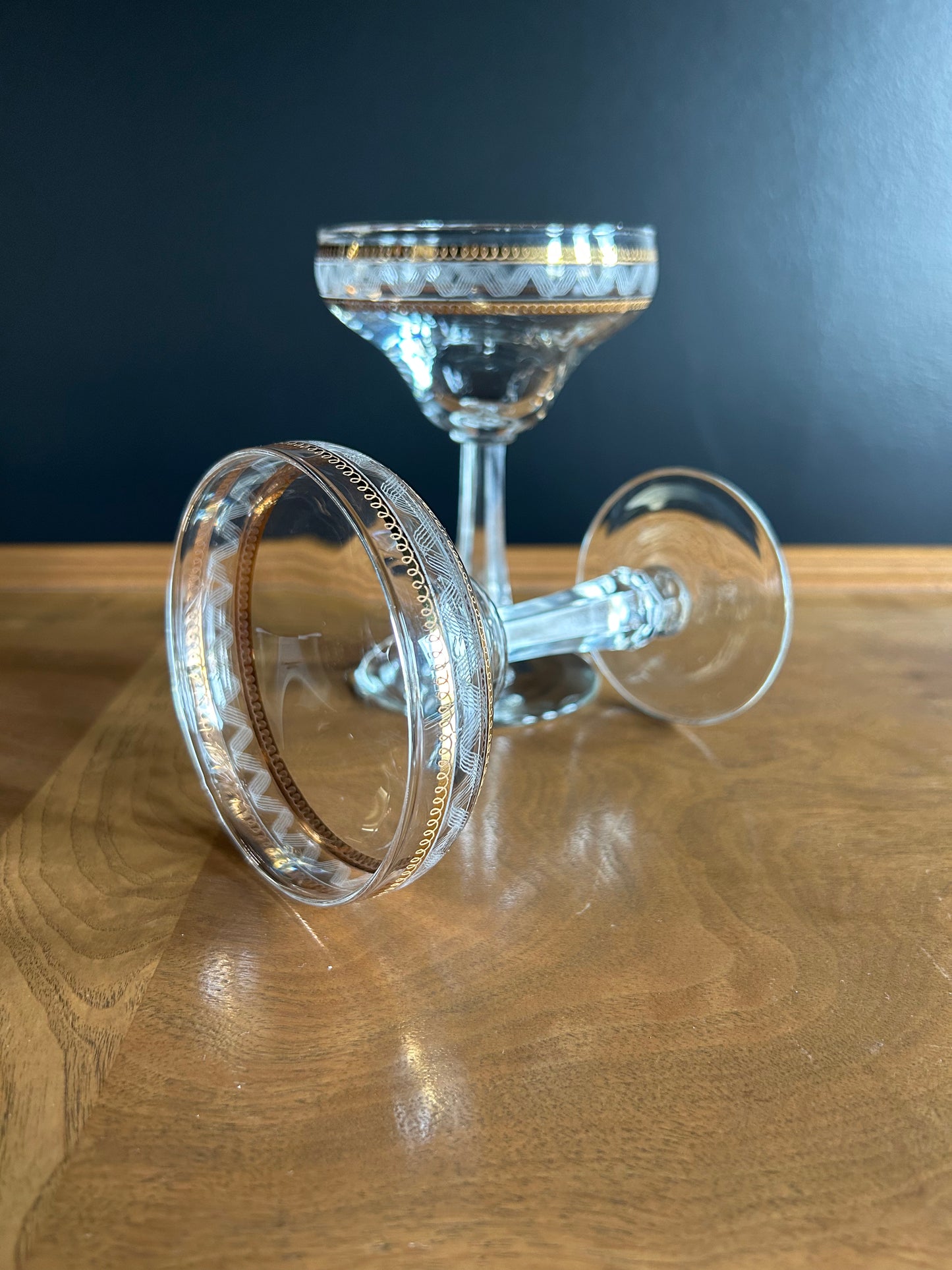 etched champagne goblets (5) with delicate gold trim