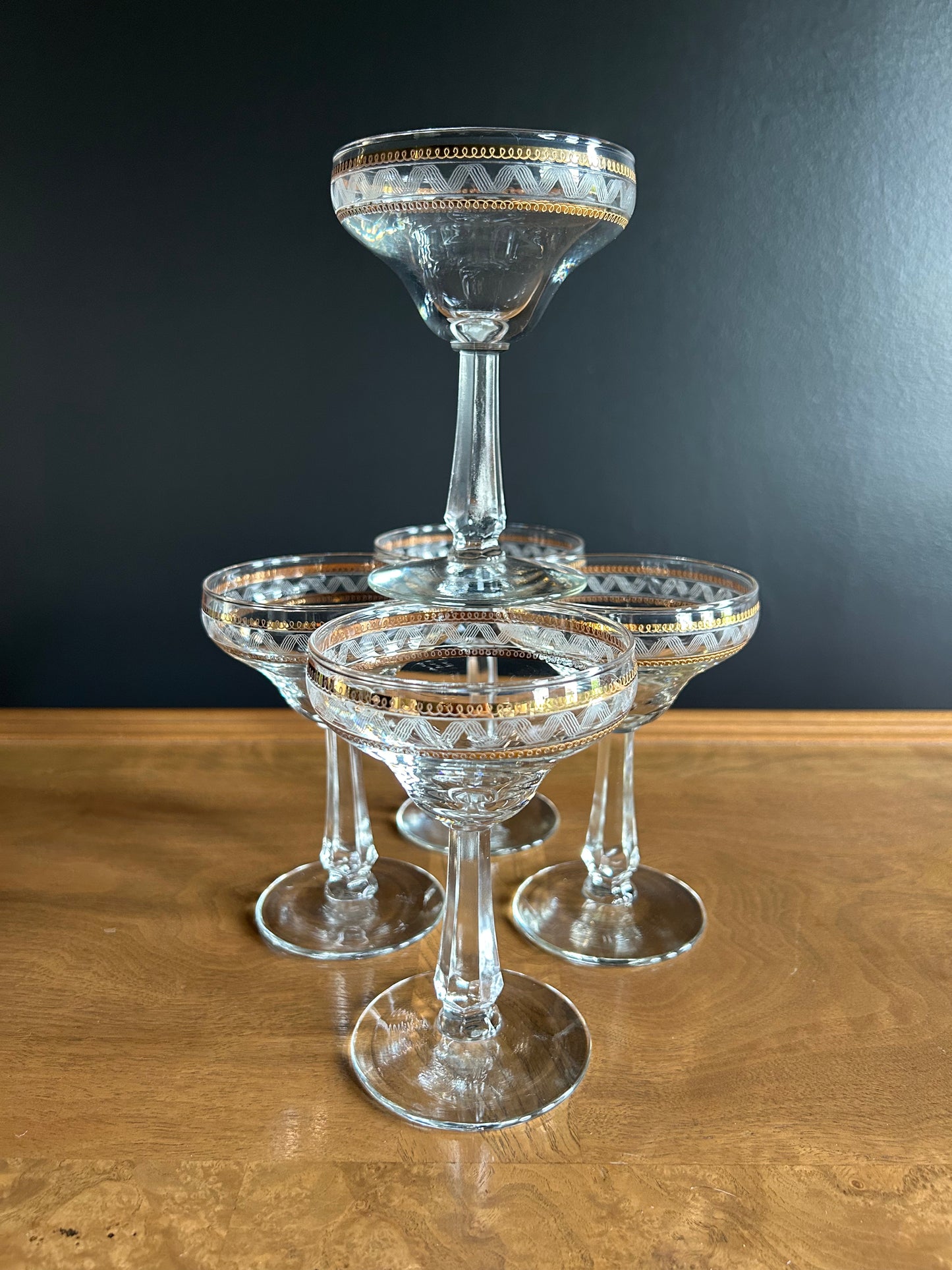 etched champagne goblets (5) with delicate gold trim