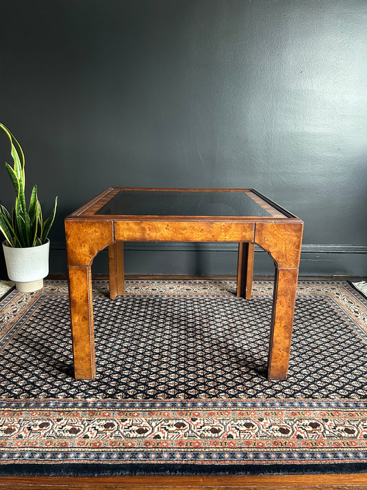vintage burlwood and glass side table