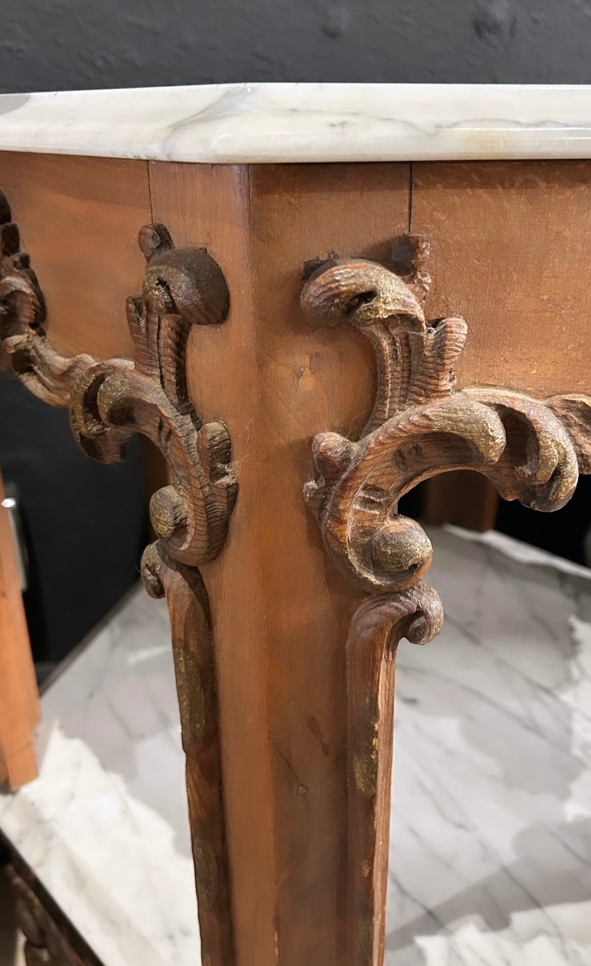 antique, ornate Italian side tables with marble top (pair)