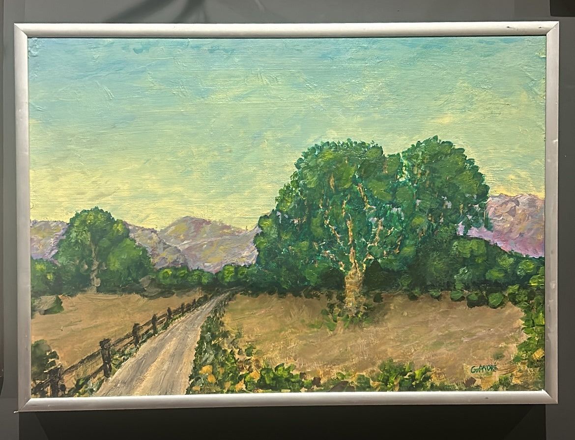 vintage oil painting of tree in a field