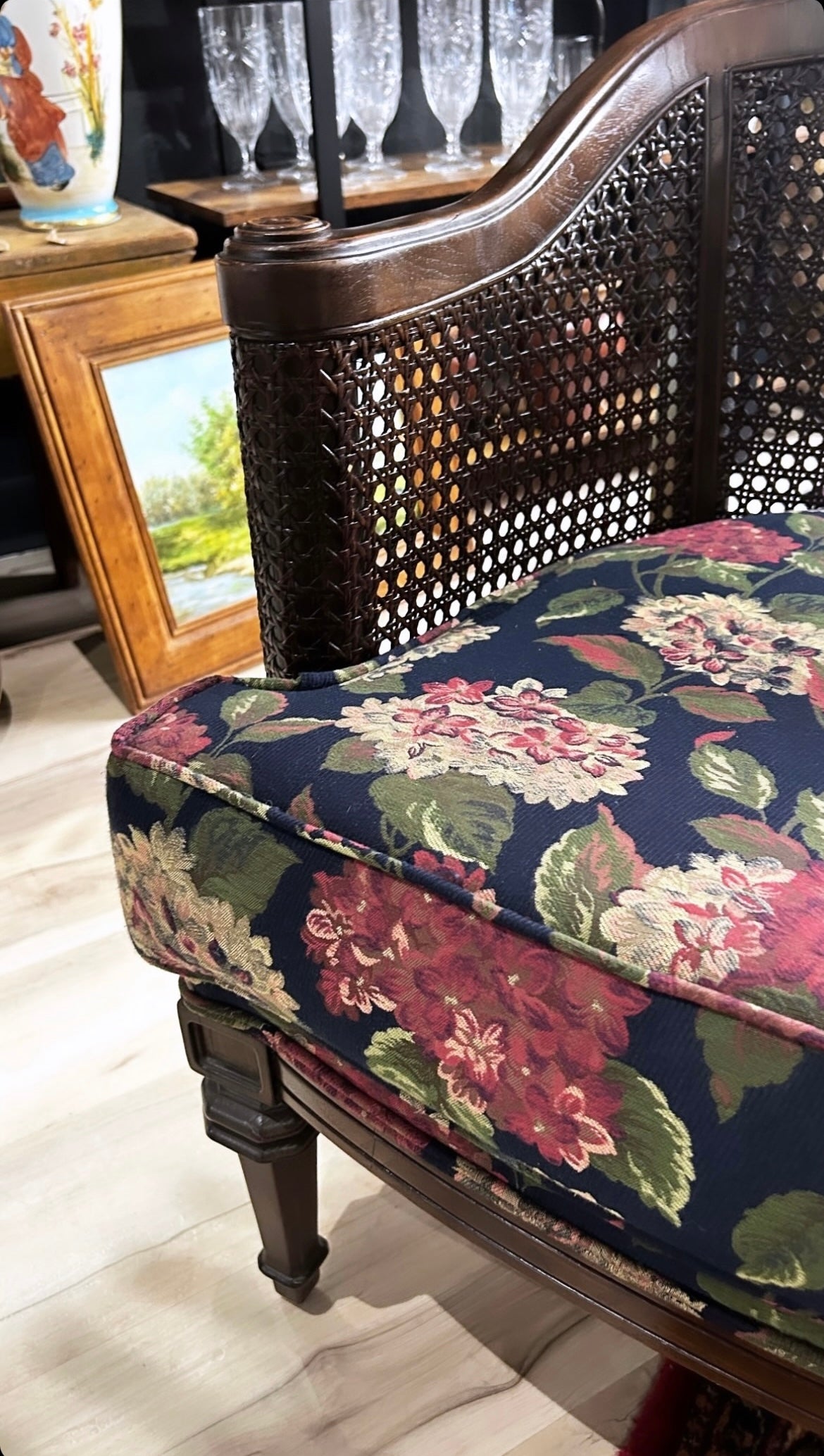 vintage caned barrel chair with upholstered seat