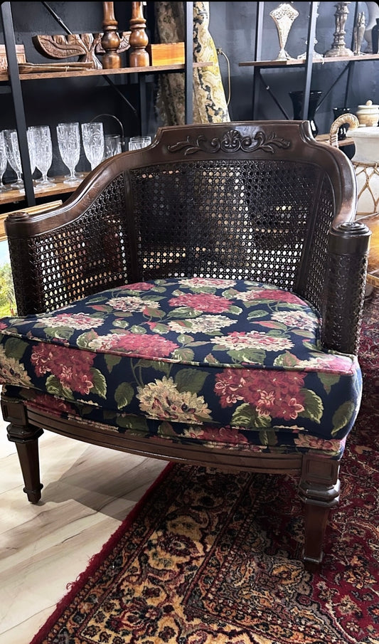 vintage caned barrel chair with upholstered seat