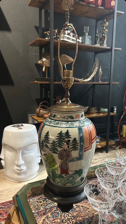 hand-painted porcelain lamp on mahogany base