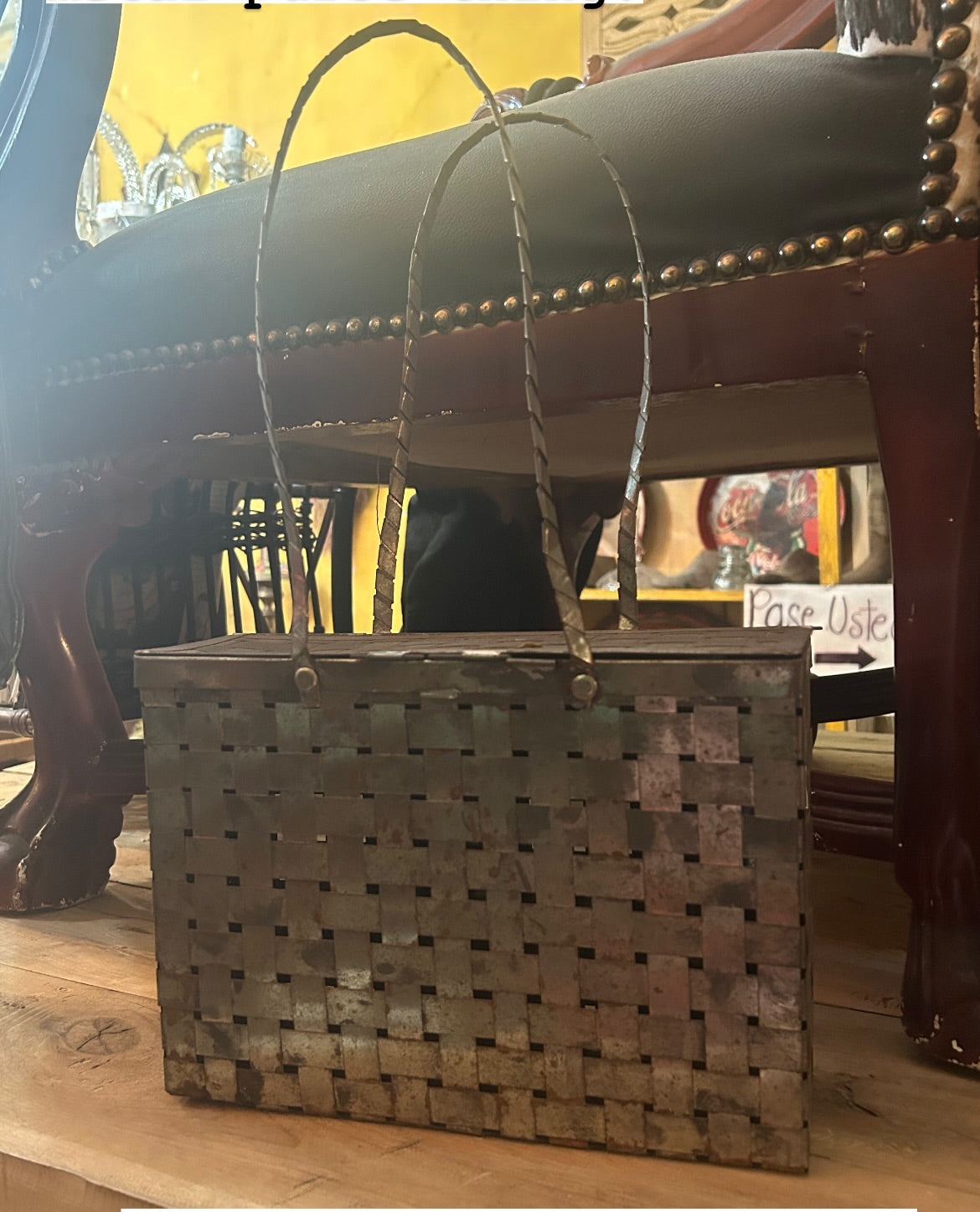 vintage woven metal handbag sculpture